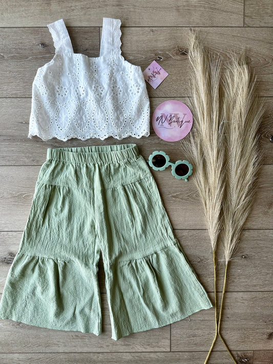 Linen green bell bottom set